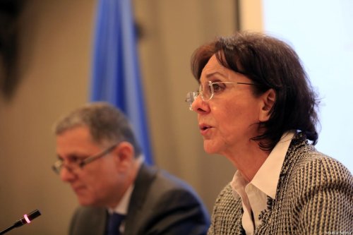 The then-UN Under-Secretary General and ESCWA Executive Secretary Rima Khalaf delivers a speech during a press conference on a report commissioned by the Beirut-based UN Economic and Social Commission for Western Asia (ESCWA) in Beirut, Lebanon on March 15, 2017 [Ratib Al Safadi / Anadolu Agency]