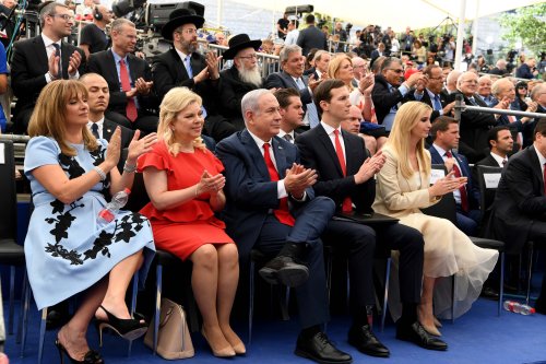 US President's daughter Ivanka Trump (left 5) Israel Prime Minister's wife Sara Netanyahu (left 2), Donald Trump's son-in-law and Senior Advisor Jared Kushner (left 4) and Israel's Prime Minister Benjamin Netanyahu (left 3) attend the opening of the US embassy in Jerusalem on 14 May, 2018 [Israel Press Office/Anadolu Agency]