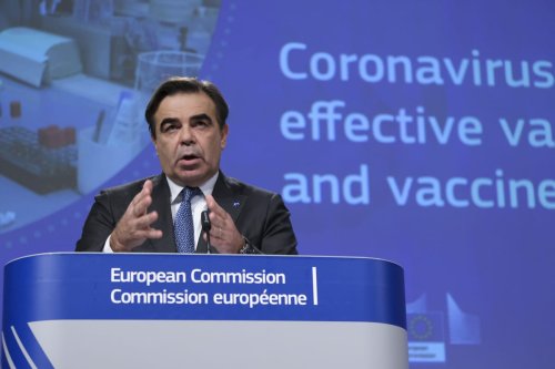 Vice-President of the European Commission, Margaritis Schinas gives a press conference with European Commissioner in charge of Health Stella Kyriakides (not seen) about the Coronavirus (COVID-19) Vaccination Strategy of the EU in Brussels, Belgium on October 15, 2020 [Alexandros Michailidis - Anadolu Agency]