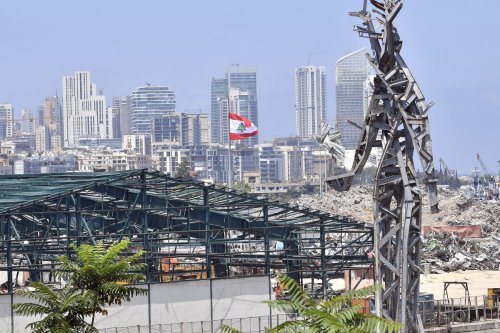 a view of a 25-metre-tall steel sculpture dubbed "The Gesture" by Lebanese artist Nadim Karam, made from debris resulting from the aftermath of the blast at the port of Lebanon's capital Beirut that took place on August 4, 2020, in Beirut, Lebanon on August 02, 2021. [Houssam Shbaro - Anadolu Agency]