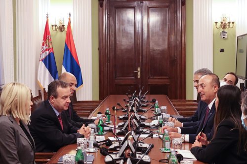 President of the National Assembly of Serbia Ivica Dacic (2nd L) receives Turkish Foreign Minister Mevlut Cavusoglu (2nd R) as he attends the summit held on the 60th anniversary of the establishment of the Non-Aligned Movement in Belgrade, Serbia on October 11, 2021 [Cem Özdel/Anadolu Agency]
