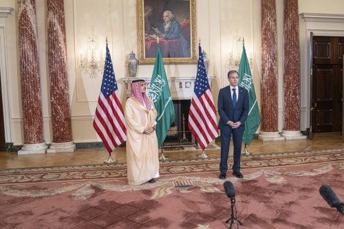 US Secretary of State, Antony Blinken and Saudi Foreign Minister Faisal bin Farhan Al Saud meet in Washington, United States on October 15, 2021 [US Department of State/Anadolu Agency]