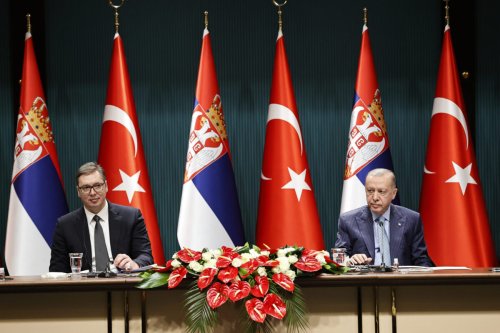 Turkish President Recep Tayyip Erdogan and Serbian President Aleksandar Vucic in Ankara, Turkiye on January 18, 2022 [Doğukan Keskinkılıç/Anadolu Agency]