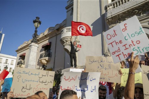 People stage a protest against the referendum in Tunis, Tunisia on 22 July 2022 [Yassine Gaidi/Anadolu Agency]