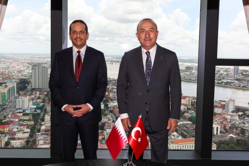 Turkish Foreign Minister Mevlut Cavusoglu meets Qatari Foreign Minister Sheikh Mohammed bin Abdulrahman Al-Thani within the Turkiye- Trilateral Meeting in Phnom Penh, Cambodia [Cem Özdel - Anadolu Agency]