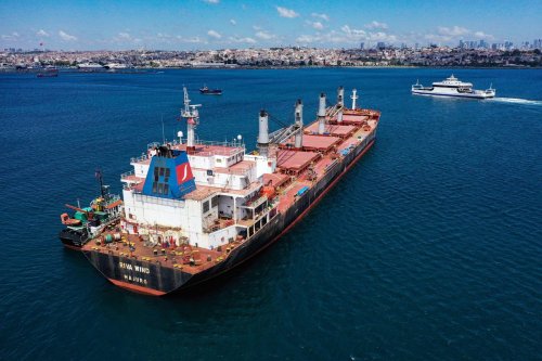 An aerial view of "Glory" named empty grain ship as Representatives of Russia, Ukraine, Turkiye and the United Nations (UN) of the Joint Coordination Center (JCC) conduct inspection on vessel in Istanbul, Turkiye on August 09, 2022. [Ali Atmaca - Anadolu Agency]
