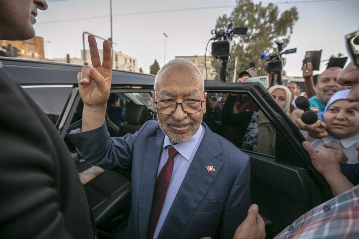 Ennahda leader Rached Ghannouchi departs the Tunisia National Center for Investigation of Terrorist Crimes after giving a statement in the capital Tunis, Tunisia on September 21, 2022. [Yassine Gaidi - Anadolu Agency]