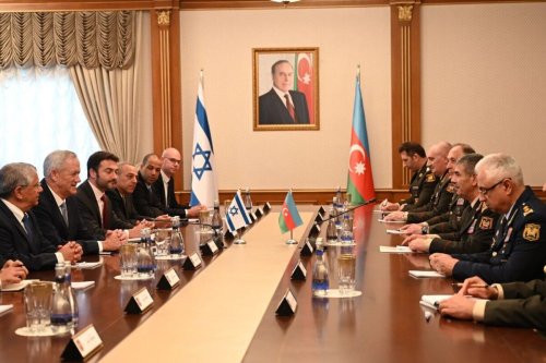 Israeli Defense Minister Benny Gantz meets Azerbaijani Defense Minister General Zakir Hasanov in Baku, Azerbaijan on October 03, 2022. [Israeli Ministry of Defense - Anadolu Agency]
