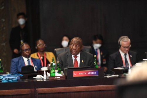 President of South Africa Cyril Ramaphosa (C) delivers his outlook on the opening ceremony of the G20 Leaders' Summit in Bali's southern peninsula Nusa Dua, Indonesia on November 15, 2022 [Aditya Pradana Putra / Antara /Pool - Anadolu Agency]