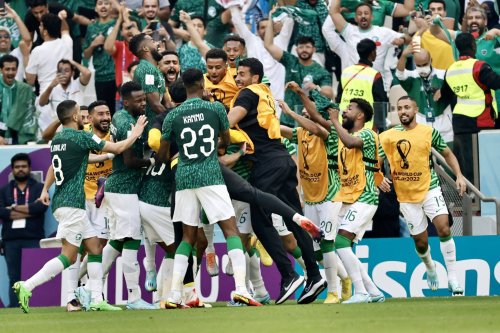 Players of Saudi Arabia celebrate after a goal during the FIFA World Cup Qatar 2022 Group C match between Argentina and Saudi Arabia at Lusail Iconic Stadium in Lusail, Qatar on November 22, 2022 [Mohammed Dabbous/Anadolu Agency]