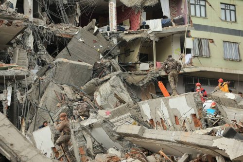 Search and rescue efforts continue on collapsed building after 7.4 magnitude earthquake hits Diyarbakir, Turkiye on February 06, 2023. [Aydın Arik - Anadolu Agency]