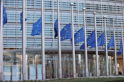 The flags at European Commission are lowered to half-mast in Brussels, Belgium on March 01, 2023 [Dursun Aydemir - Anadolu Agency]