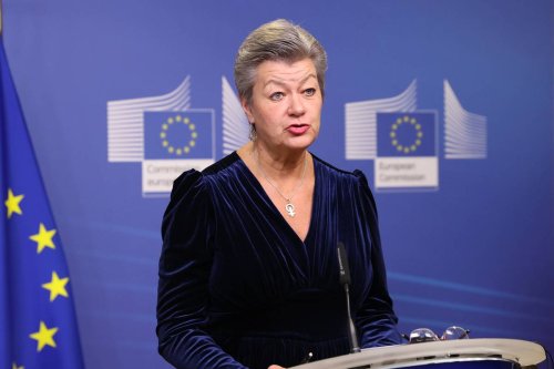 European Commissioner for Home Affairs Ylva Johansson and Moldovan Interior Minister Ana Revenco (not seen) hold a joint press conference ahead of the their meeting on border management in Brussels, Belgium on March 10, 2023 [Dursun Aydemir - Anadolu Agency]