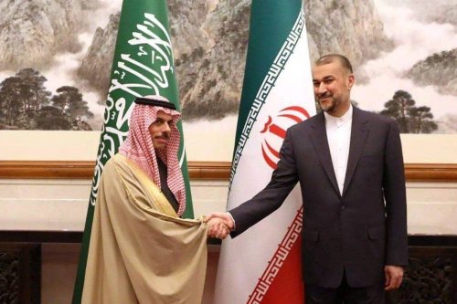 Iranian Minister of Foreign Affairs, Hossein Amir-Abdollahian (R) meets Saudi Arabia's Foreign Minister Faisal bin Farhan Al Saud (L) in Beijing, China on April 06, 2023 [Iranian Foreign Ministry - Anadolu Agency]