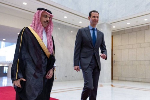 Faisal bin Farhan Al Saud, Minister of Foreign Affairs of Saudi Arabia meets Bashar al-Assad on April 18, 2023 in Damascus, Syria [Saudi Arabian Foreign Ministry/Anadolu Agency]