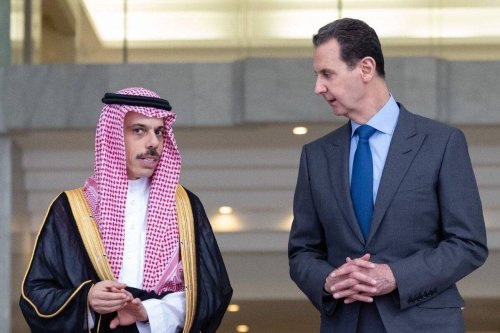 Faisal bin Farhan Al Saud, Minister of Foreign Affairs of Saudi Arabia meets Bashar al-Assad on April 18, 2023 in Damascus, Syria. Saudi Foreign Minister Prince Faisal bin Farhan arrived in Damascus on Tuesday, for the first such visit to Syria in 12 years [Saudi Arabian Foreign Ministry - Anadolu Agency]