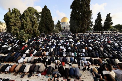 Muslims perform the Eid al-Fitr prayer at Masjid al-Aqsa Compound in East Jerusalem on April 21, 2023 [Mostafa Alkharouf/Anadolu Agency]