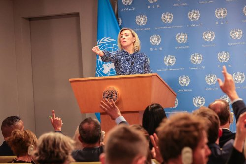 The spokesperson for the Foreign Ministry of the Russian Federation Maria Zakharova makes a speech during a press briefing held by Russian Foreign Minister Sergey Lavrov (not seen) at the United Nations Headquarters in New York, United Nations on April 25, 2023 [Selçuk Acar - Anadolu Agency]
