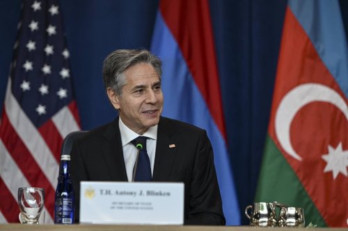US Secretary of State Antony Blinken speaks during the bilateral peace negotiation closing session with Armenian Foreign Minister Ararat Mirzoyan and Azerbaijan Foreign Minister Jeyhun Bayramov at the George Shultz National Foreign Affairs Training Center in Arlington, Virginia, United States on May 04, 2023 [Celal Güneş - Anadolu Agency]