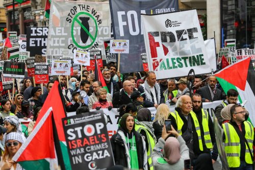 Thousands of activists march and rally for ‘Free Palestine – End Apartheid’ in central London, United Kingdom on May 13, 2023, organised by, Palestine Solidarity Campaign UK to mark the 75th anniversary of Nakba [Dinendra Haria - Anadolu Agency]