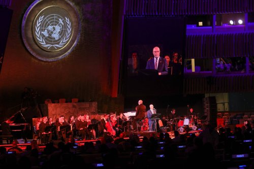 Grammy Award-nominated cellist and composer Naseem Alattrash's Nakba-themed music composition is conducted by Grammy Award-winner Eugene Friesen with the New York Arab Orchestra during the commemoration ceremony of 75th anniversary of Israel's declaration of independence, which Palestinians call the Great Catastrophe (Nakba), and its forced migration of Palestinians at the United Nations Headquarters in New York, United States on May 15, 2023 [Selçuk Acar - Anadolu Agency]