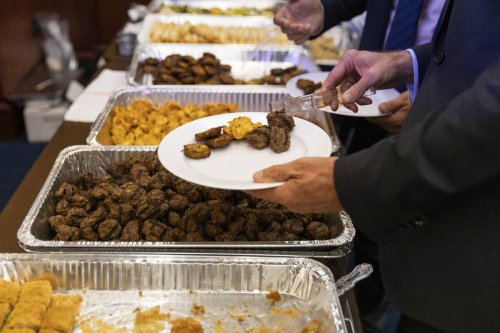 Participants pick up Turkish food to taste during a Turkish cuisine reception at the U.S. Capitol’s visitor center in Washington D.C., United States on May 23, 2023 [Mostafa Bassim - Anadolu Agency]