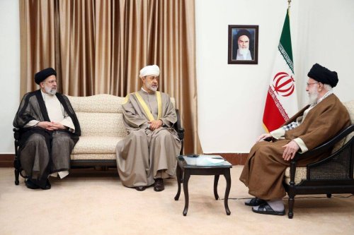 Sultan of Oman Haitham bin Tariq (C) meets with Iranian Supreme Leader Ali Khamenei (R) in Tehran, Iran on May 29, 2023 [Iranian Supreme Leader Press Office/Anadolu Agency]