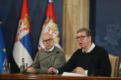 Serbian President Aleksandar Vucic holds a press conference after clashes between Kosovo Serbs and NATO forces in Serb-dominated neighborhoods of northern Kosovo on May 29, 2023, in Belgrade, Serbia. [Milos Miskov - Anadolu Agency]