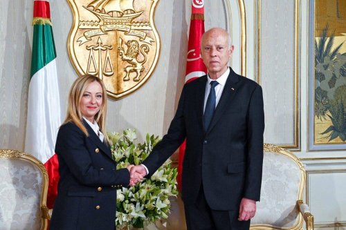 Italian Prime Minister Giorgia Meloni (L) meets with the Tunisian President Kais Saied (R) during her visit in Tunis, Tunisia on June 06, 2023. [Tunisian Presidency - Anadolu Agency]