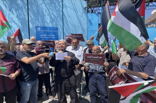 Palestinian refugees protest the 'bad living conditions' on the occasion of World Refugee Day at the United Nations Relief and Works Agency for Palestine Refugees (UNRWA) in Beirut, Lebanon on June 20, 2023. [İdiris Okuduci - Anadolu Agency]