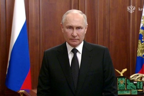 A screen grab captured from a video shows Russian President Vladimir Putin making a statement amid escalating tensions between the Kremlin and the head of the Russian paramilitary group Wagner, in Moscow, Russia on June 24, 2023 [Kremlin Press Office - Anadolu Agency]