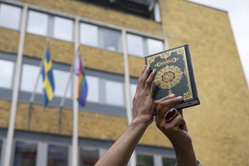 Muslims stage a demonstration against the burning of Holy Quran by an extremist in Stockholm, in front of the Embassy of Sweden on July 02, 2023 [Raşid Necati Aslım/Anadolu Agency]