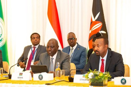 William Ruto, President of Kenya (F-L) and Ethiopian Prime Minister Abiy Ahmed Ali (F-R) attend an Intergovernmental Authority on Development (IGAD) meeting for the resolution of the crisis in Sudan in Addis Ababa, Ethiopia on July 10, 2023 [State House of Kenya/Anadolu Agency]