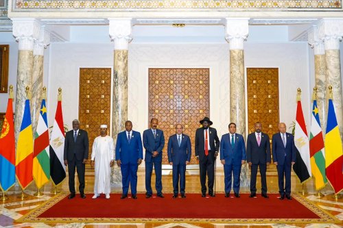 Egyptian President Abdel Fattah Al-Sisi (5th L), South Sudanese President Salva Kiir Mayardit (4th R), Chairman of the Presidential Council of Libya, Mohamed al-Menfi (3rd R), Ethiopian Prime Minister Abiy Ahmed Ali (2nd R), Secretary General of Arab League Ahmed Aboul Gheit (R), President of Eritrea Isaias Afewerki (4th L), President of the Central African Republic, Faustin-Archange Touadera (3rd L), Chad President Mahamat Idriss Deby (2nd L) and African Union (AU) Commission Chairman Moussa Faki (L) attend "Summit of Sudan's neighboring countries" meeting in Cairo, Egypt on July 13, 2023. [Presidential Council of Libya - Anadolu Agency]