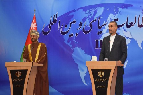 Iranian Foreign Minister Hossein Amir-Abdollahian (R) and his Omani counterpart Badr bin Hamad al-Busaidi hold a joint press conference after their bilateral meeting in Tehran, Iran on July 17, 2023. [Haydar Şahin - Anadolu Agency]