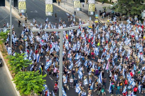 An aerial view of the area as Israelis gather to protest against judicial overhaul bill to limit the court's powers, in Tel Aviv, Israel on July 18, 2023 [Yair Palti - Anadolu Agency]