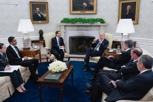 U.S. President Joe Biden (C - R) meets with Israeli President Isaac Herzog (C - L) at the White House in Washington D.C., United States on July 18, 2023 [Haim Zach (GPO) / Handout - Anadolu Agency]