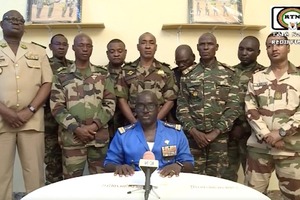 A screen grab captured from a video shows the soldiers who appeared on national TV to announce the ouster of President Mohamed Bazoum in Niger, on July 27, 2023. [ORTN / Tele Sahel - Anadolu Agency]