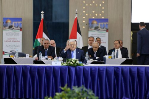 Palestinian President Mahmoud Abbas (C) makes a speech during meeting of Palestinian groups' general secretaries in El Alamein, Egypt on July 30, 2023 [Palestinian Presidency/Anadolu Agency]
