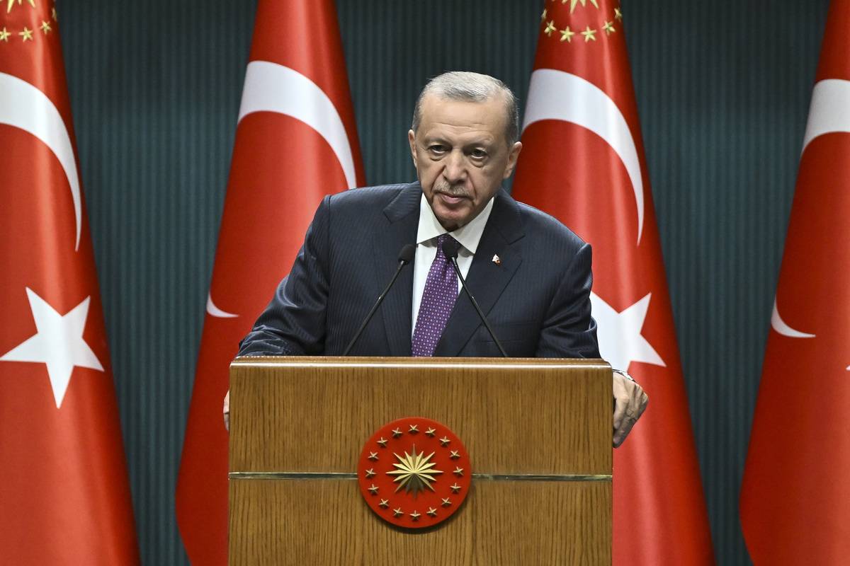 Turkish President Recep Tayyip Erdogan gives a speech after the cabinet meeting at the Presidential Complex in Ankara, Turkiye on August 07, 2023 [Doğukan Keskinkılıç/Anadolu Agency ]