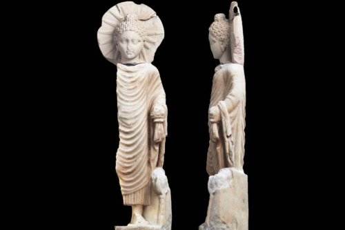 A two-foot tall marble Buddha was discovered in the Egyptian Red Sea port city of Berenike on April 2023 [Egyptian Ministry of Tourism and Antiquities]