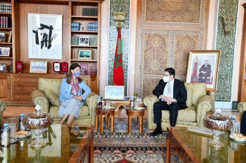 Minister for Foreign Affairs and Cooperation of Morocco Nasser Bourita (R) meets Colombian Vice President and Minister of Foreign Affairs, Marta Lucia Ramirez,in Rabat on 28 October 2021 [DiplomaciaM/Twitter]