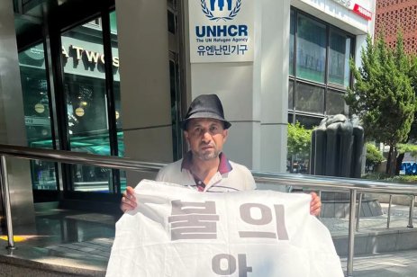 Fathi Ali infront of the UNHCR building in Seoul, South Korea [Fathi Ali]