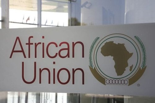 The logo of the African Union (AU) is seen at the entrance of the AU headquarters on 13 March, 2019, in Addis Ababa [Ludovic MARIN/POOL/AFP/Getty]
