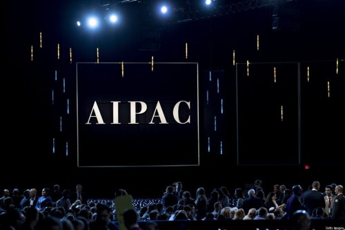 The AIPAC logo is displayed during a policy conference in Washington [Andrew Harrer / Bloomberg via Getty Images]