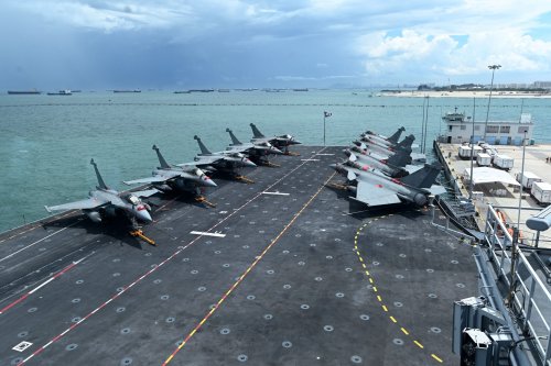 France's fighter jets Rafale are seen parked on the flight deck of the French aircraft carrier Charles de Gaulle on May 28, 2019 [ROSLAN RAHMAN/AFP via Getty Images]