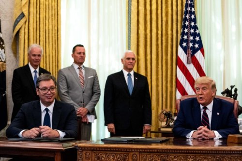 (L-R) President of Serbia Aleksandar Vucic and U.S. President Donald Trump attend a signing ceremony and meeting in the Oval Office of the White House on September 4, 2020 in Washington, DC. The Trump administration is hosting the leaders to discuss furthering their economic relations. [Anna Moneymaker-Pool/Getty Images]