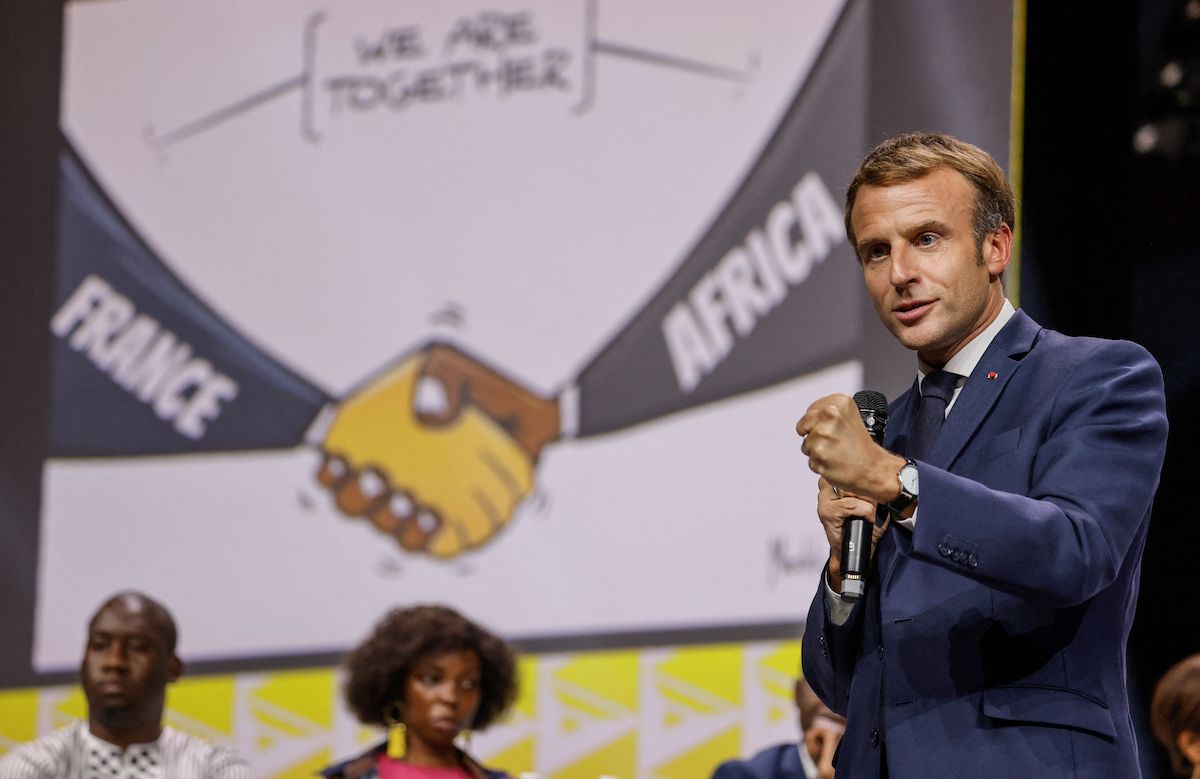 French President Emmanuel Macron speaks during the plenary session of the "Africa-France" Summit in Montpellier, southern France, on 8 October 2021. [LUDOVIC MARIN/AFP via Getty Images]