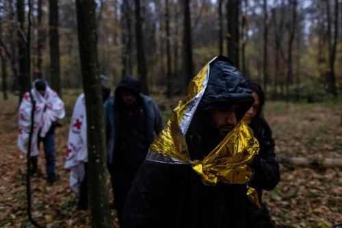 Syrian migrants walk through the forest near Hajnowka, Poland, during a joint rescue operation of activists from the "Grupa Granica" (Border Group) and volounteers from Medycy na Granicy (Medics on the Border), on October 23, 2021. - Thousands of migrants, mostly from the Middle East have crossed or tried to cross from Belarus since the summer. The EU believes the Belarusian regime is deliberately sending the migrants over in retaliation against EU sanctions. - TO GO WITH AFP STORY by Anna Maria JAKUBEK (Photo by Wojtek RADWANSKI / AFP) / TO GO WITH AFP STORY by Anna Maria JAKUBEK (Photo by WOJTEK RADWANSKI/AFP via Getty Images)