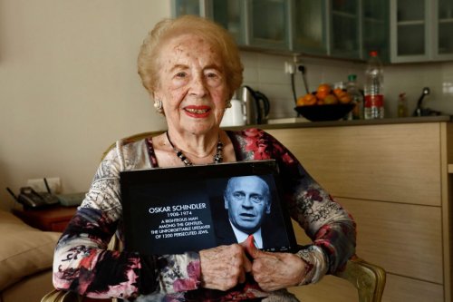A picture taken on November 23, 2019 in the Israeli city of Herzliya shows Mimi Reinhardt, the secretary of Oskar Schindler, a German industrialist who saved the lives of hundreds of Jews during the Nazi Holocaust. - Reinhardt died on April 8, 2022 at age 107. She was in charge of drawing up the lists of Jewish workers from the ghetto of the Polish city of Krakow who were recruited to work at Schindler's factory, saving them from deportation to the death camps. - Israel OUT (Photo by GIDEON MARKOWICZ / AFP) / Israel OUT (Photo by GIDEON MARKOWICZ/AFP via Getty Images)